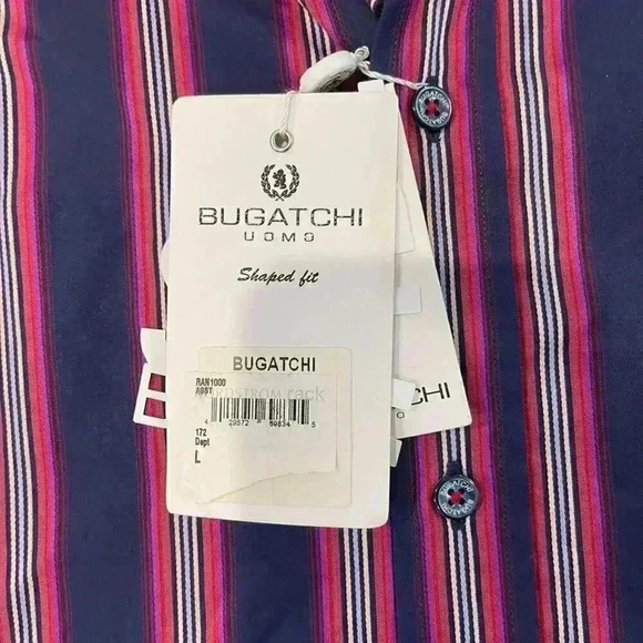 Bugatchi Uomo NWT Blue Pink Striped Dress Button Down Shirt Shaped Fit Men Large - Picture 6 of 9